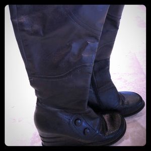 Tall black leather platform wedge boot